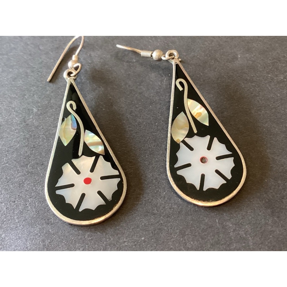 Vintage Mexican Alpaca  Silver And  Inlaid Earrings